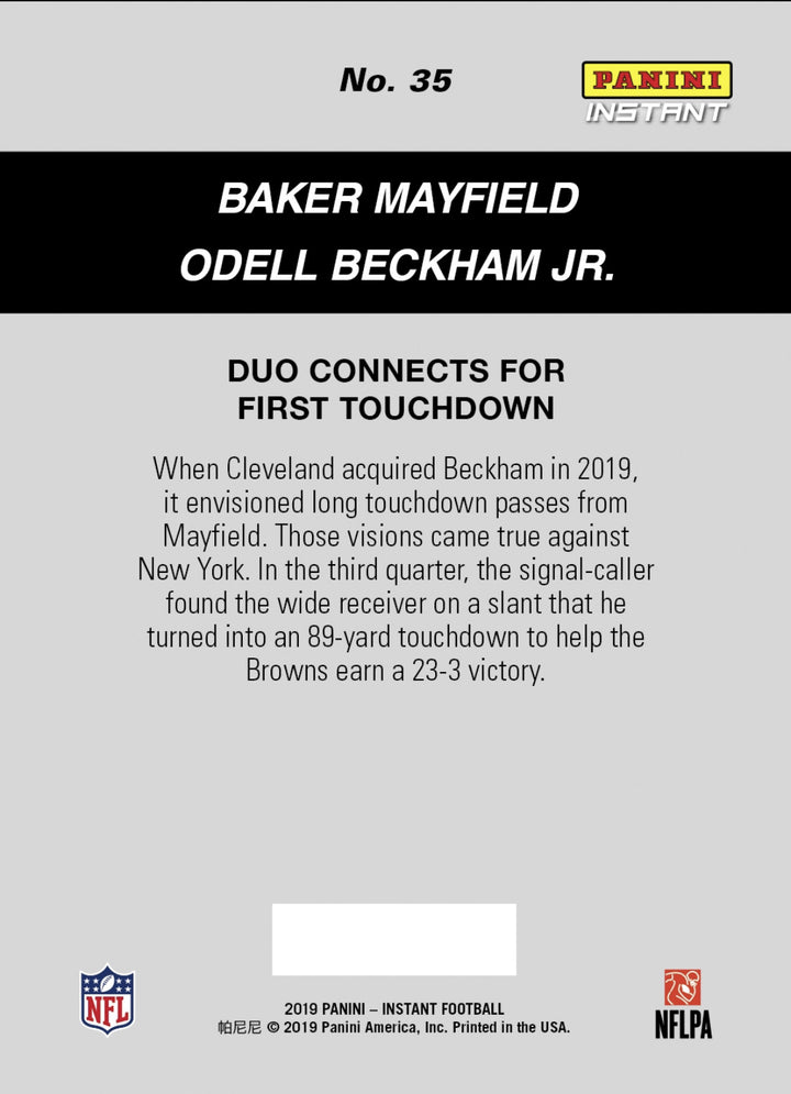 2019 PANINI INSTANT BAKER MAYFIELD ODELL BECKHAM DUO CONNECTS FOR 1st TD CARD 35