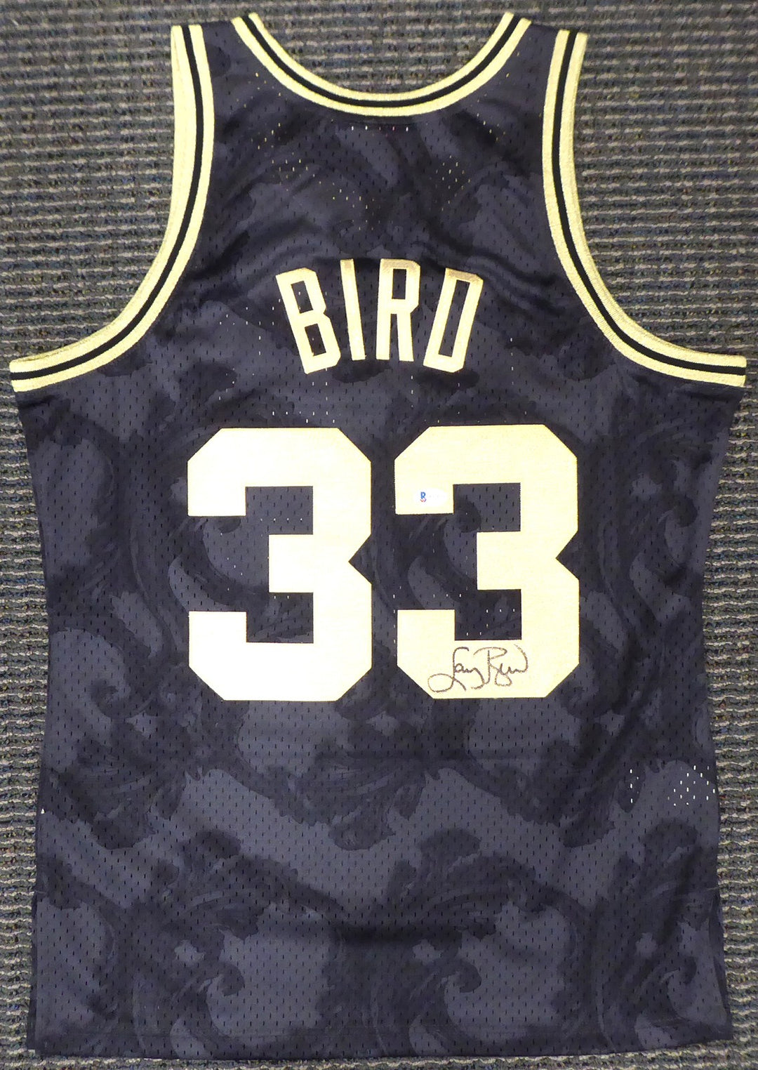 Celtics Larry Bird Auto Black Mitchell Ness Gold Toile Swingman Jersey M Beckett