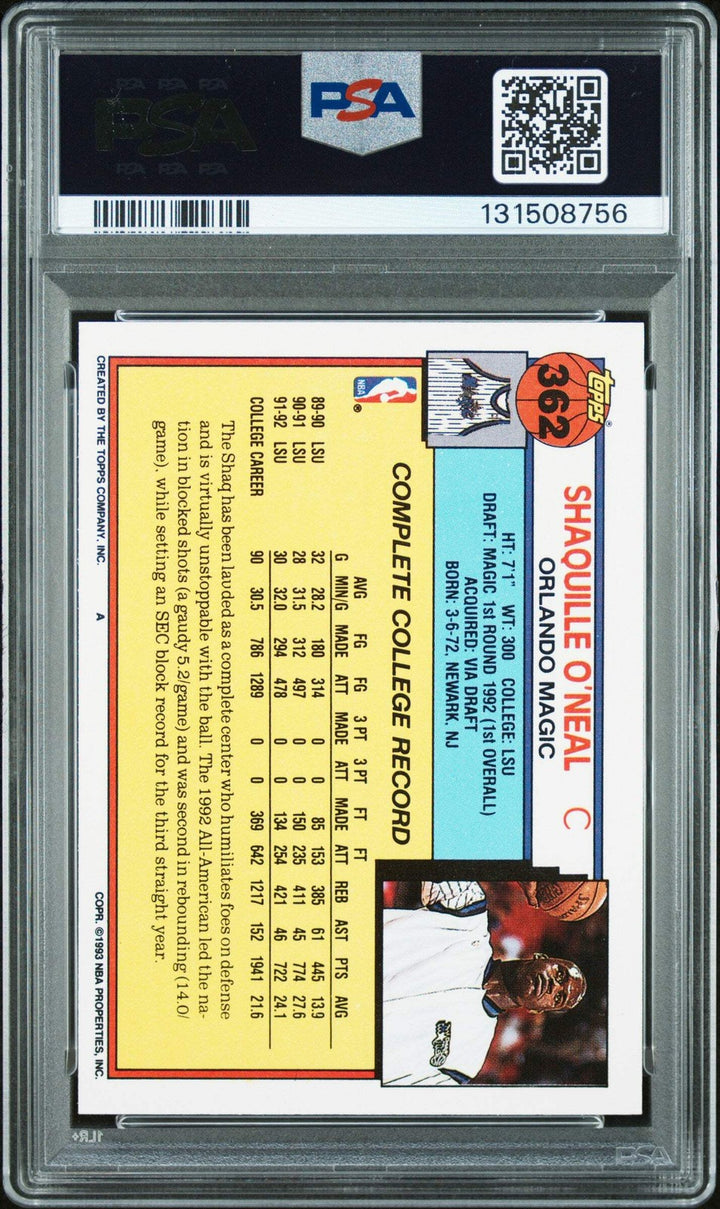 Graded 1992-93 Topps Shaquille O'Neal #362 Rookie RC Card PSA 9 Auto Grade Mint