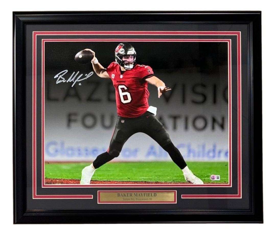 Baker Mayfield Signed Framed 16x20 Buccaneers Spotlight Red Jersey Photo BAS