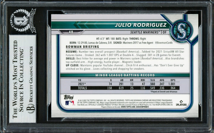 Julio Rodriguez Signed 2022 Bowman Chrome RC 48 Seattle Mariners Beckett