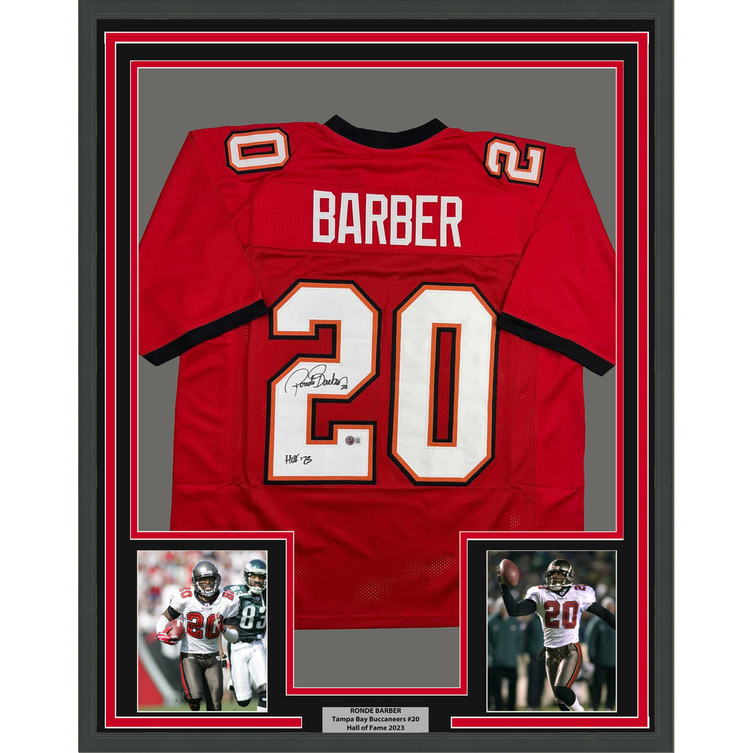Framed Autographed/Signed Ronde Barber HOF 23 35x39 Tampa Bay Red Jersey BAS COA