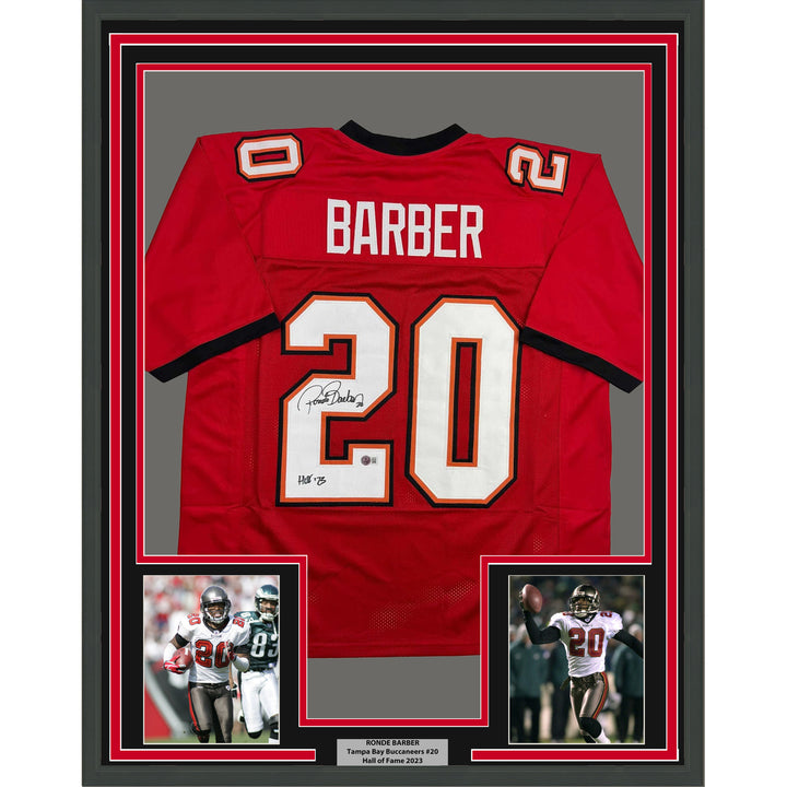 Framed Autographed/Signed Ronde Barber HOF 23 35x39 Tampa Bay Red Jersey BAS COA