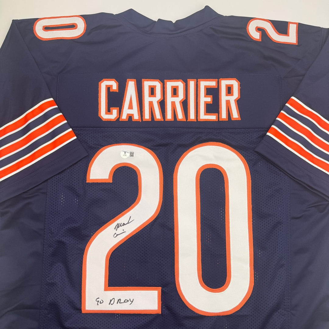 Autographed/Signed Mark Carrier "90 DROY" Chicago Blue Football Jersey JSA COA