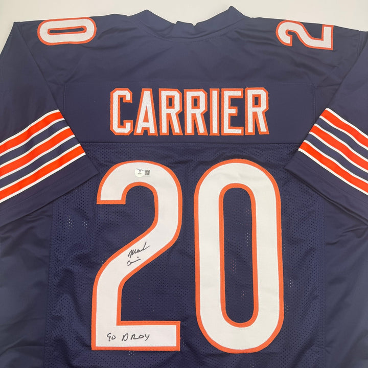 Autographed/Signed Mark Carrier "90 DROY" Chicago Blue Football Jersey JSA COA