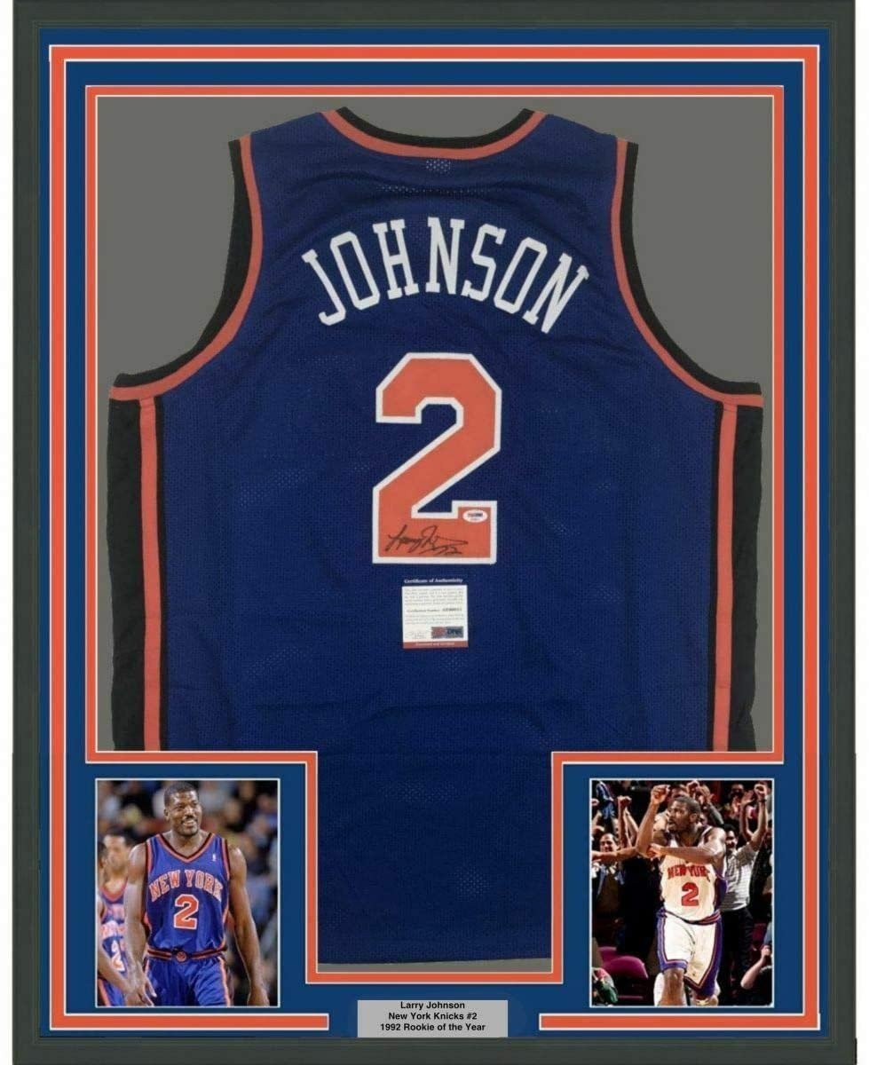 FRAMED Autographed/Signed LARRY JOHNSON 35x39 New York Blue Jersey PSA COA