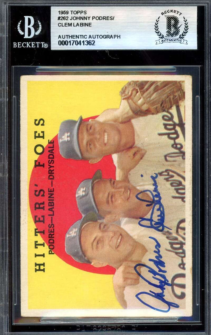 Johnny Podres Clem Labine Beckett BAS Signed 1959 Topps Hitters Foes Autograph