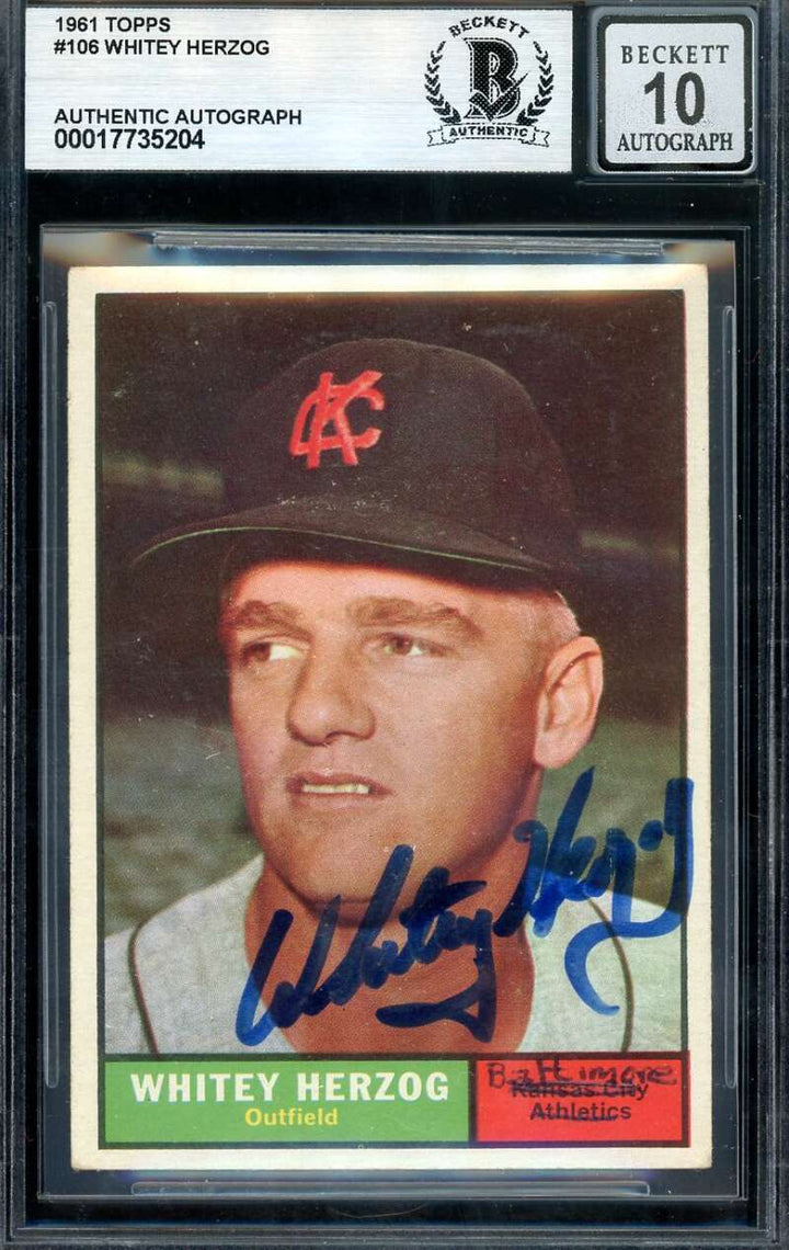 Whitey Herzog Gem Mint 10 Beckett BAS Signed 1961 Topps Autograph