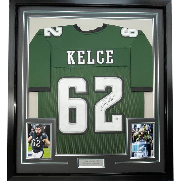 Framed Signed Jason Kelce 35x39 Philadelphia Green Jersey PSA COA