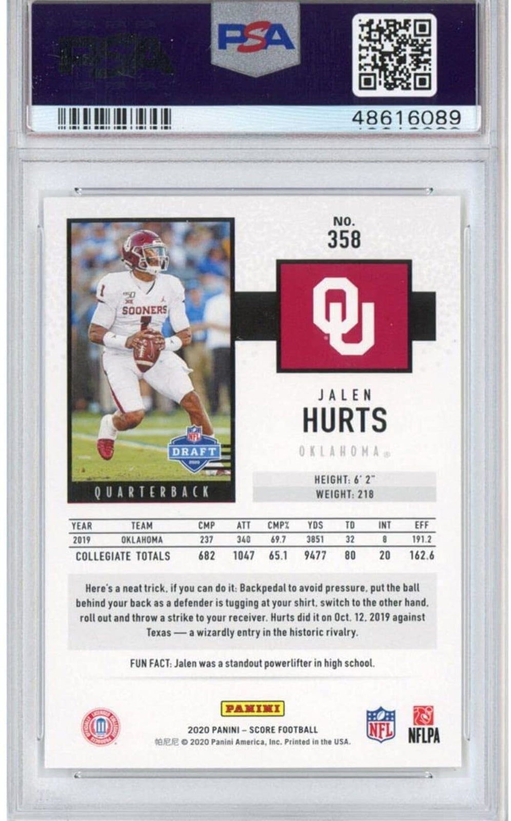 Graded 2020 Panini Score Jalen Hurts #358 Rookie RC Football Card PSA 10 Gem Min