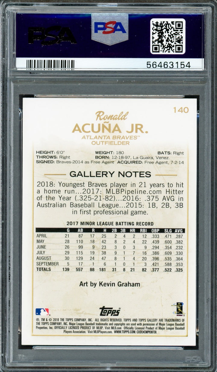 Ronald Acuna Jr. Signed 2018 Topps Gallery RC #140 Braves PSA9 Auto 10 PSA/DNA
