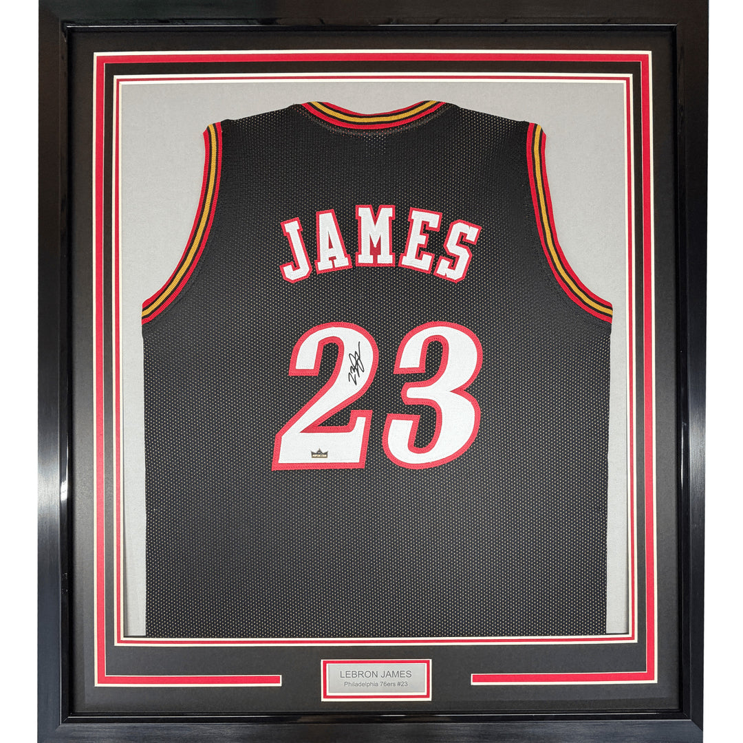 Framed Facsimile Autographed LeBron James 35x39 76ers Black Reprint Jersey
