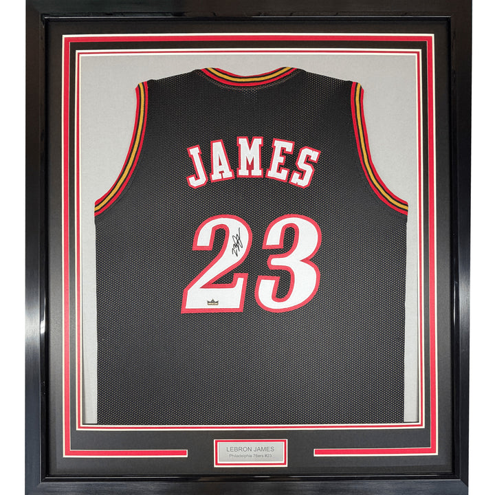 Framed Facsimile Autographed LeBron James 35x39 76ers Black Reprint Jersey