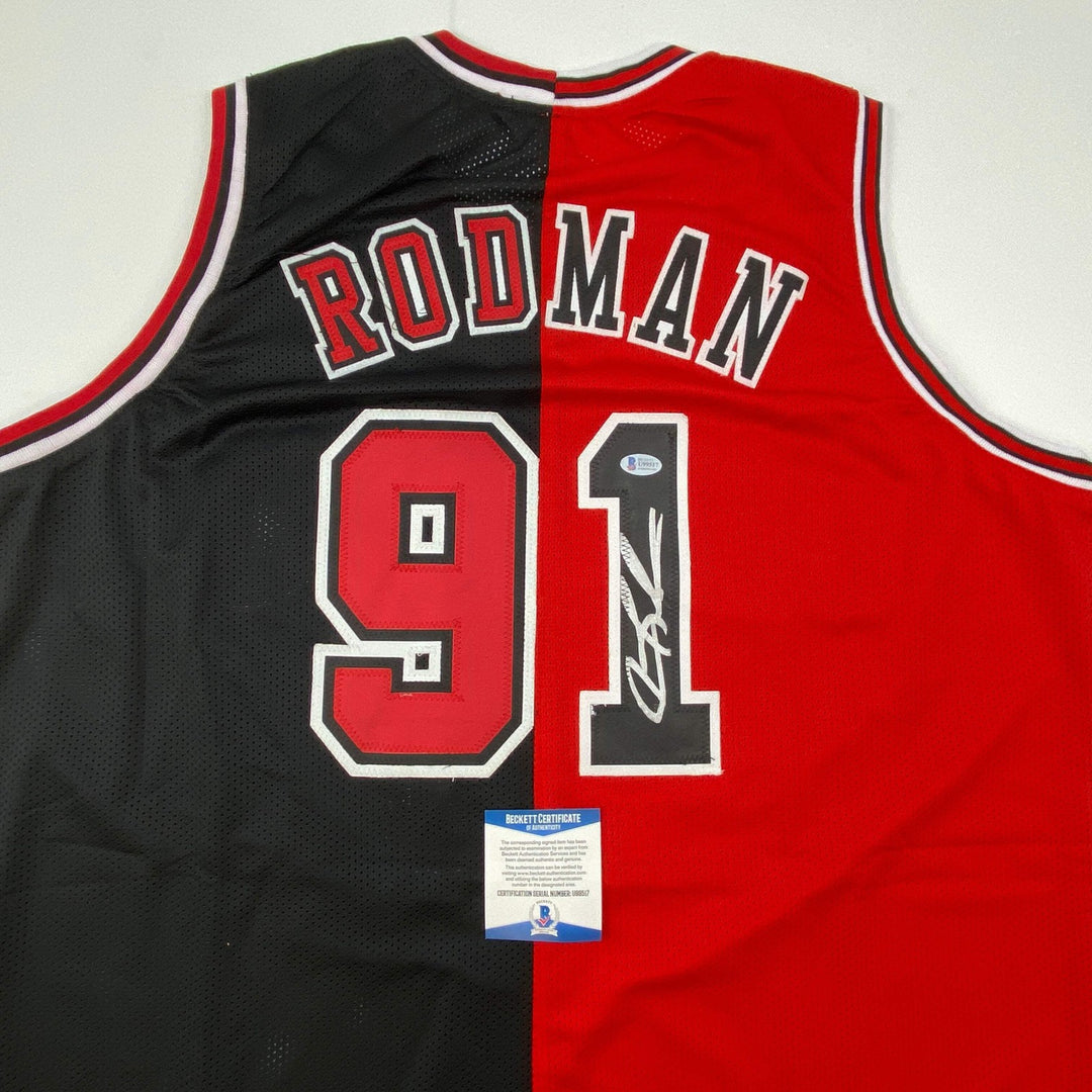 Autographed/Signed Dennis Rodman Chicago Split Red/Black Jersey Beckett BAS COA