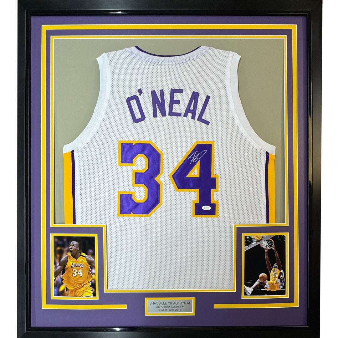 Framed Autographed/Signed SHAQUILLE SHAQ O'NEAL 33x42 LA White Jersey JSA COA