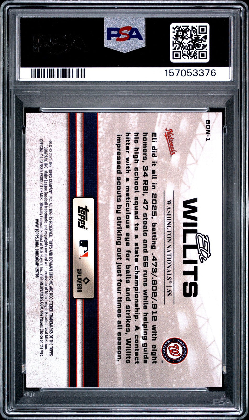 Graded 2025 Topps Bowman Draft Eli Willits #BDN1 Draft Rookie Card PSA 10
