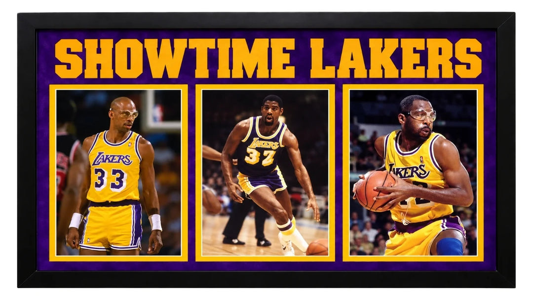 Kareem Abdul-Jabbar, Magic Johnson,James Worthy Lakers Signed 3-Photo Display