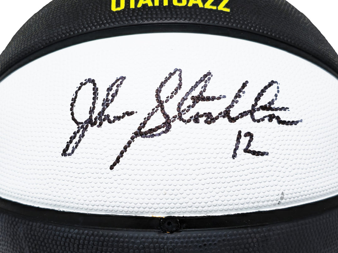 John Stockton Signed Black & White Team Tribute Jazz Logo Basketball Beckett Wit