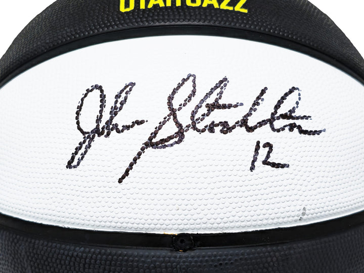 John Stockton Signed Black & White Team Tribute Jazz Logo Basketball Beckett Wit