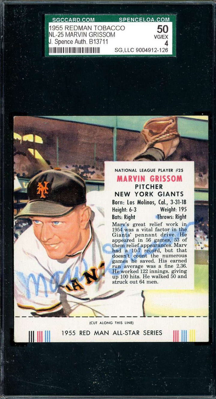 Marvin Grissom JSA SGC Coa Signed 1955 Red Man Tobacco With Tab Autograph