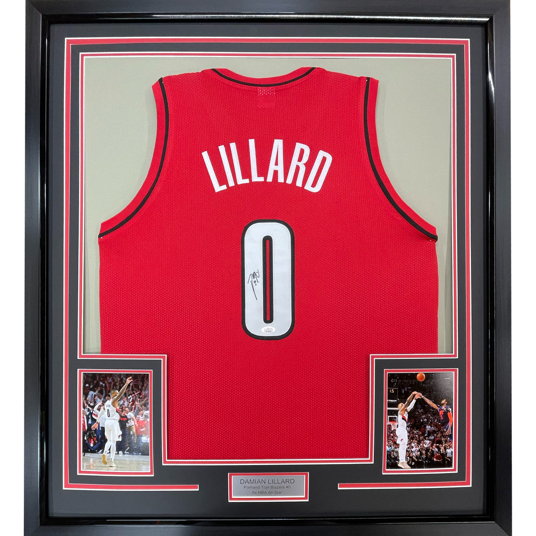 Framed Autographed/Signed Damian Lillard 33x42 Portland Red Jersey JSA COA