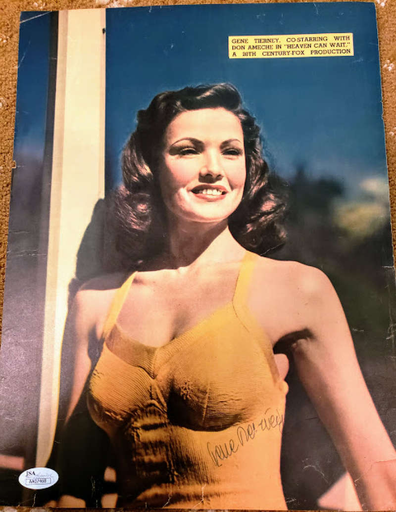 Gene Tierney Jsa Coa Hand Signed 11x13 Vintage 40`s Photo Autograph Authentic