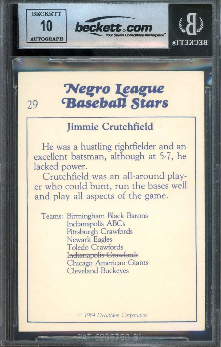 Jimmie Crutchfield Gem Mint 10 Beckett BAS Signed 1984 Decathlon Frisch Negro Le