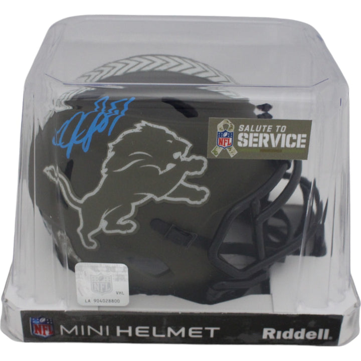 Calvin Johnson Autographed Detroit Lions 2022 Salute Mini Helmet Beckett 47641