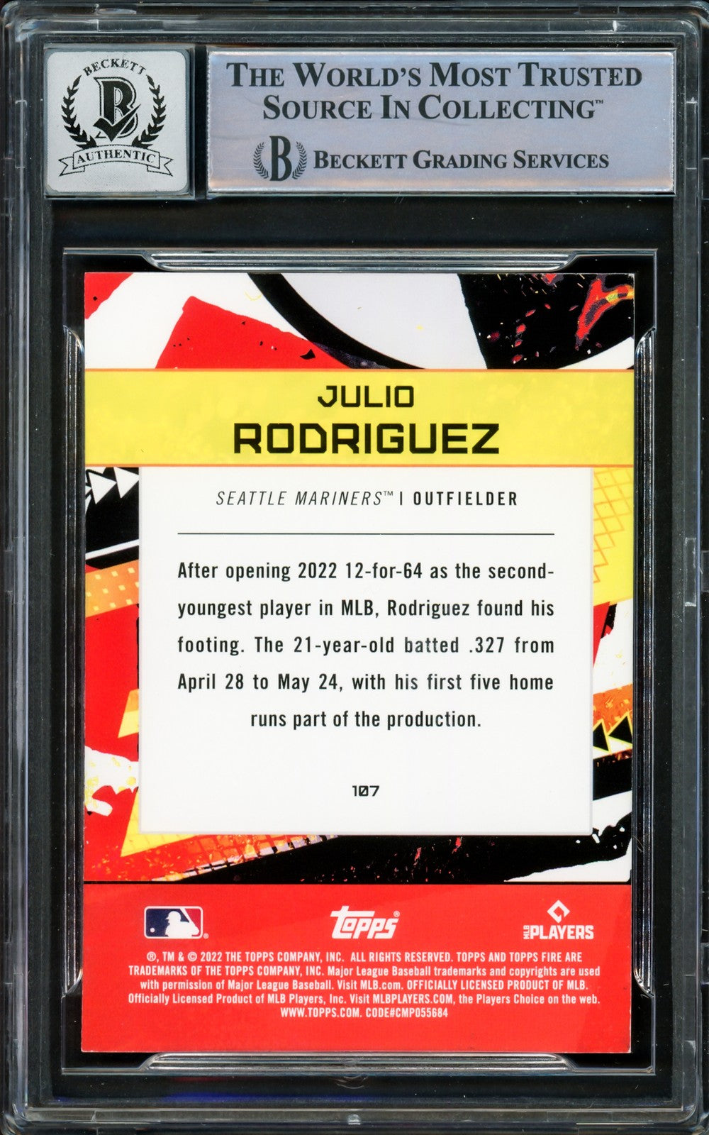 Julio Rodriguez Signed 2022 Topps Fire RC #107 Mariners Auto GM 10 Beckett