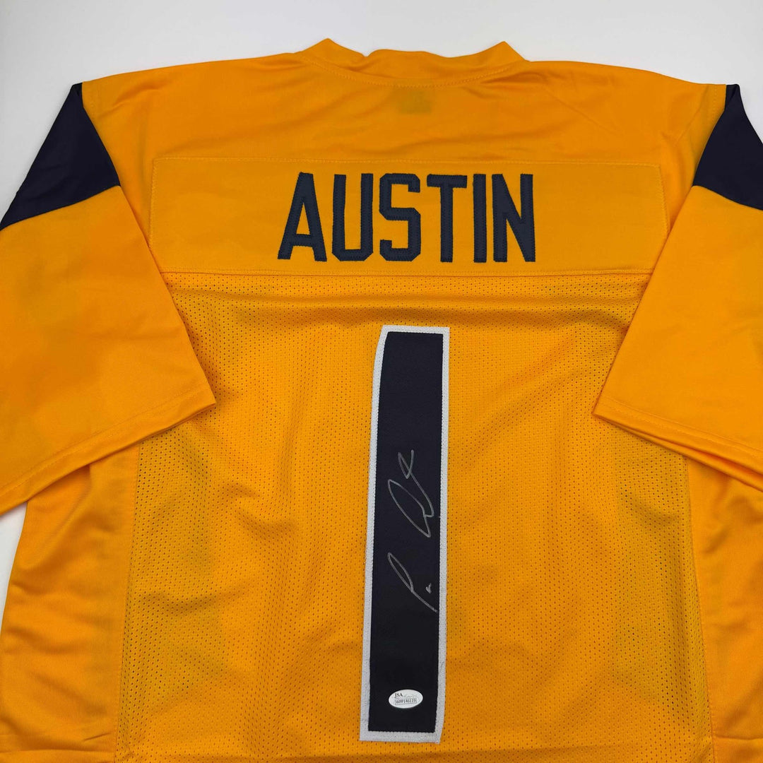 Autographed/Signed Tavon Austin West Virginia Yellow College Jersey JSA COA