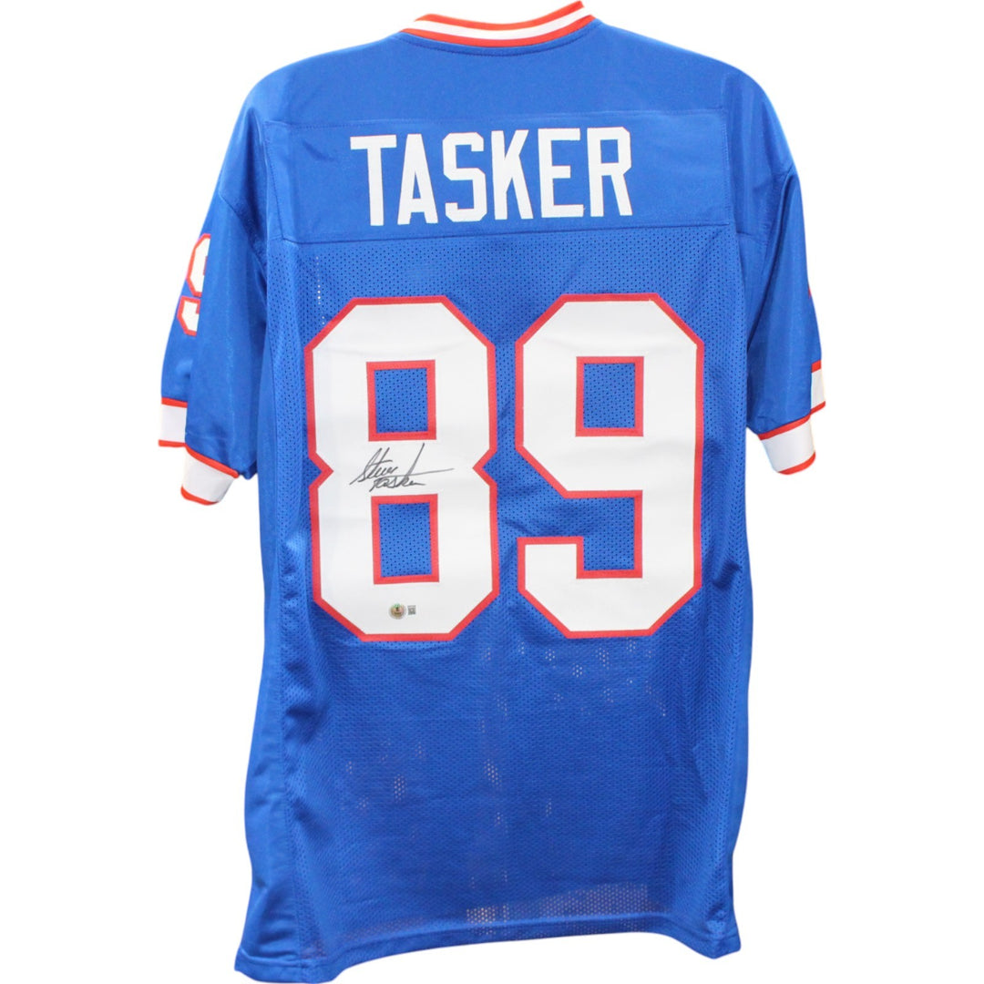 Steve Tasker Autographed Pro Style Size XL Blue Jersey Beckett Witness 50909