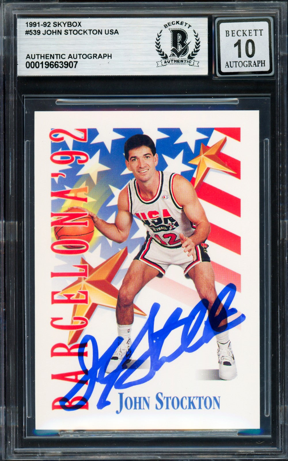 John Stockton Auto 1991-92 Skybox Card 539 1992 USA Dream Team Sig GM 10 Beckett