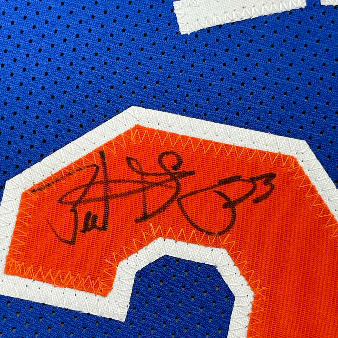 Framed Autographed/Signed Patrick Ewing 33x42 New York Blue Jersey BAS COA