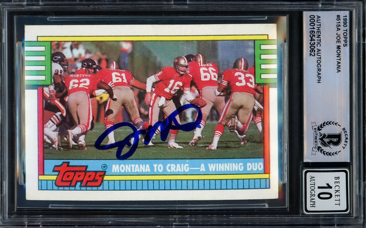 Joe Montana Signed 1990 Topps Card 515 San Francisco 49ers Auto GM 10 Beckett