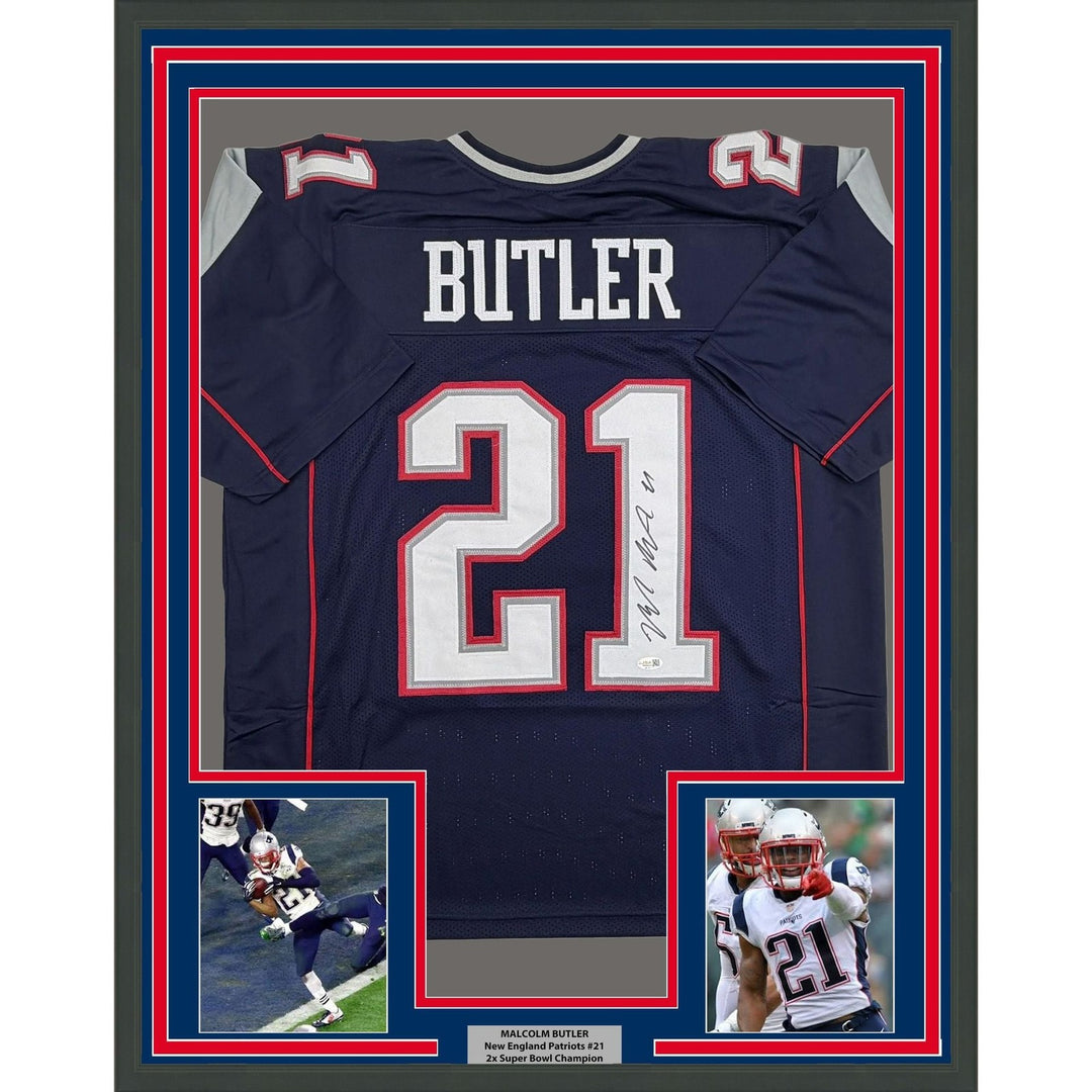 Framed Autographed/Signed Malcolm Butler 35x39 NE Blue Jersey JSA COA