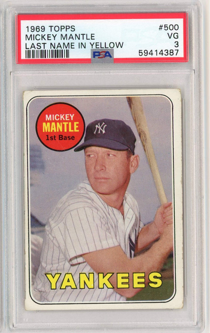 Graded 1969 Topps Mickey Mantle #500 Last Name in Yellow Baseball Card PSA 3