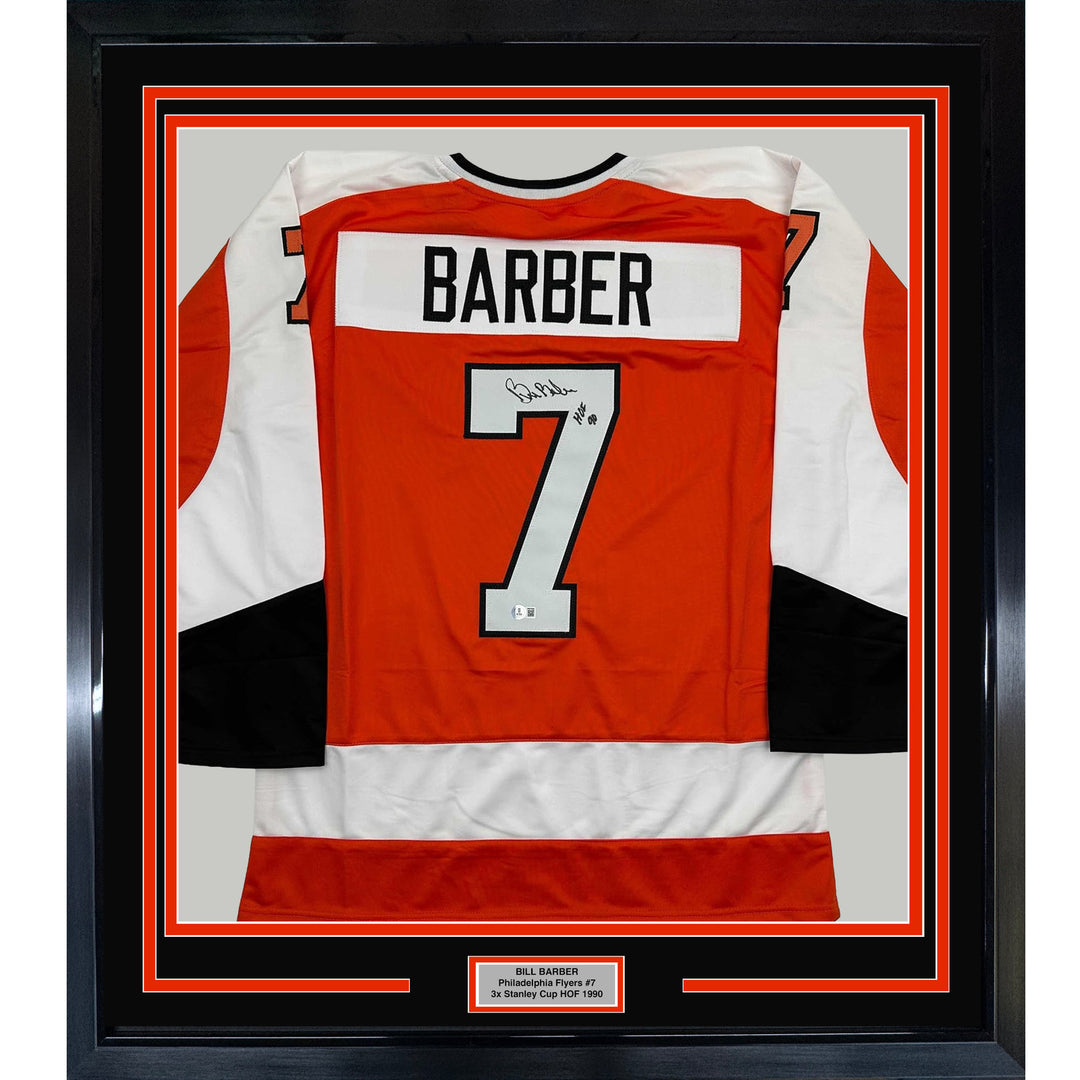Framed Autographed/Signed Bill Barber 35x39 HOF 90 Orange Hockey Jersey BAS COA