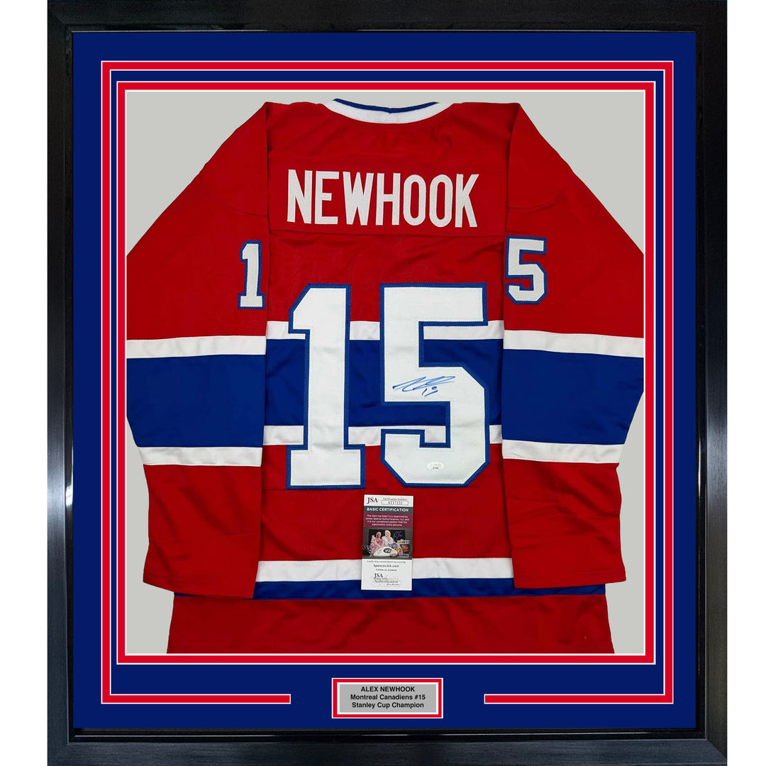 Framed Autographed/Signed Alex Newhook 35x39 Montreal Red Hockey Jersey JSA COA