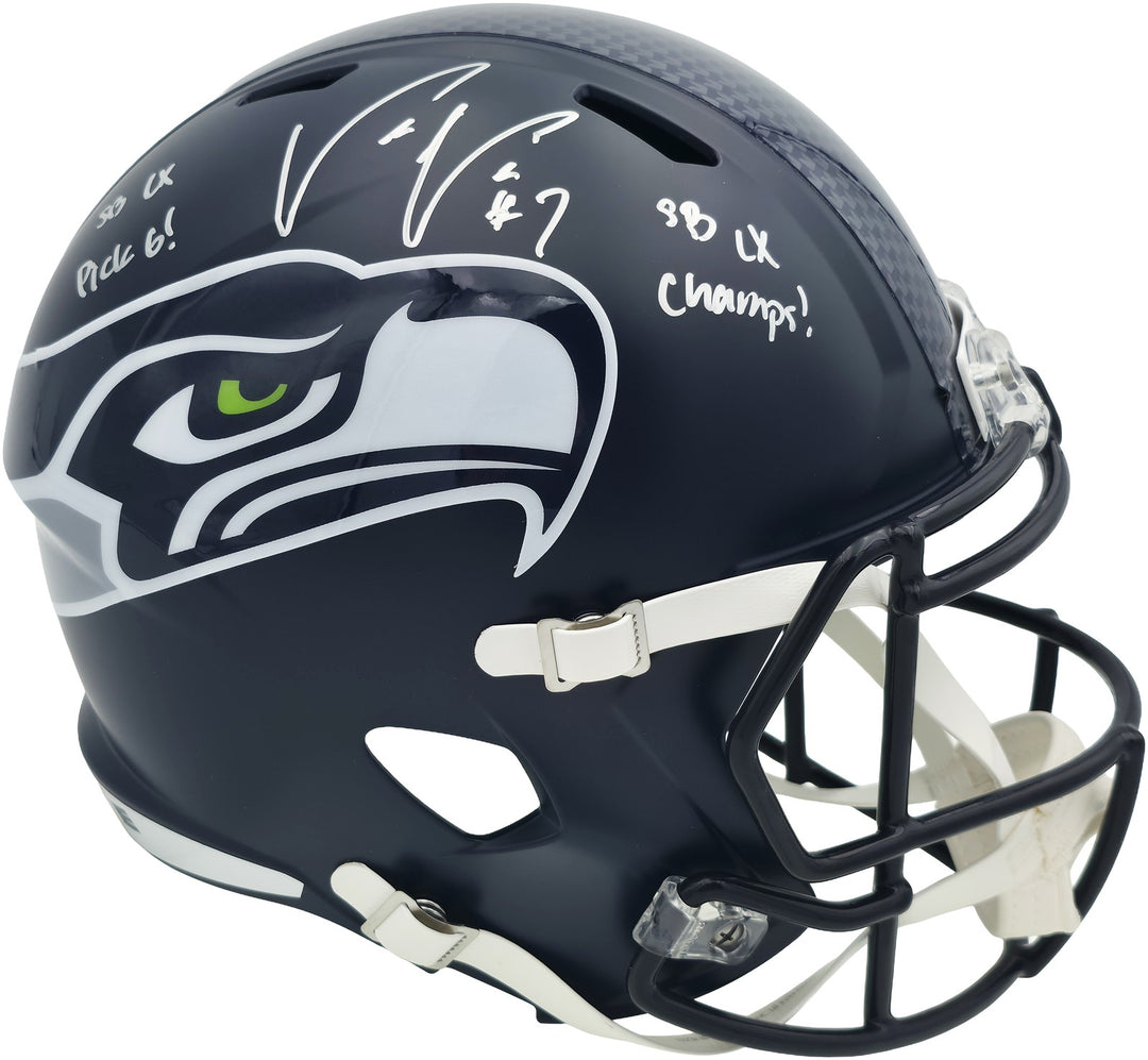 Uchenna Nwosu Signed Seahawks Blue Full Size SB LX Champions Logo Speed Replica