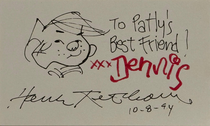 Hank Ketcham signed index card "Dennis The Menace "signed cartoonist autograph (