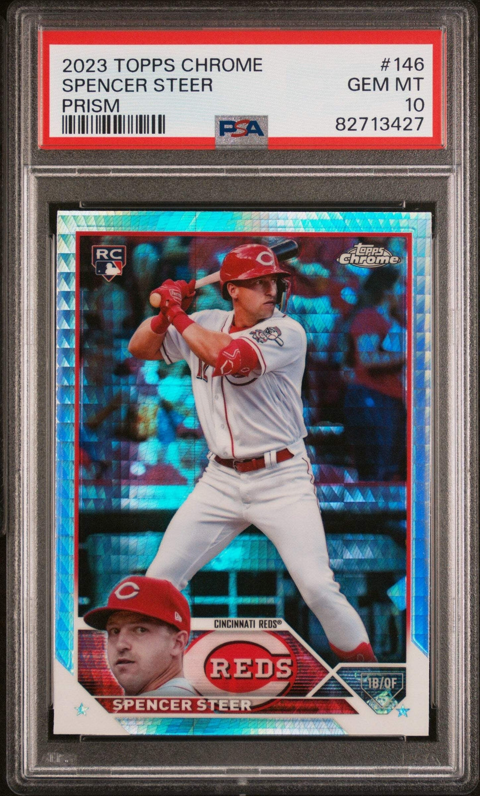 Graded 2023 Topps Chrome Spencer Steer #146 Prism Rookie RC Baseball Card PSA 10
