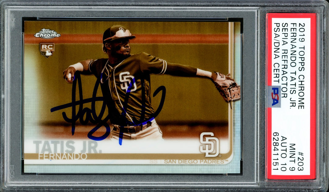 Fernando Tatis Jr Auto 2019 Topps Chrome Sepia Refractor RC 203 PSA 9 Sig 10 DNA