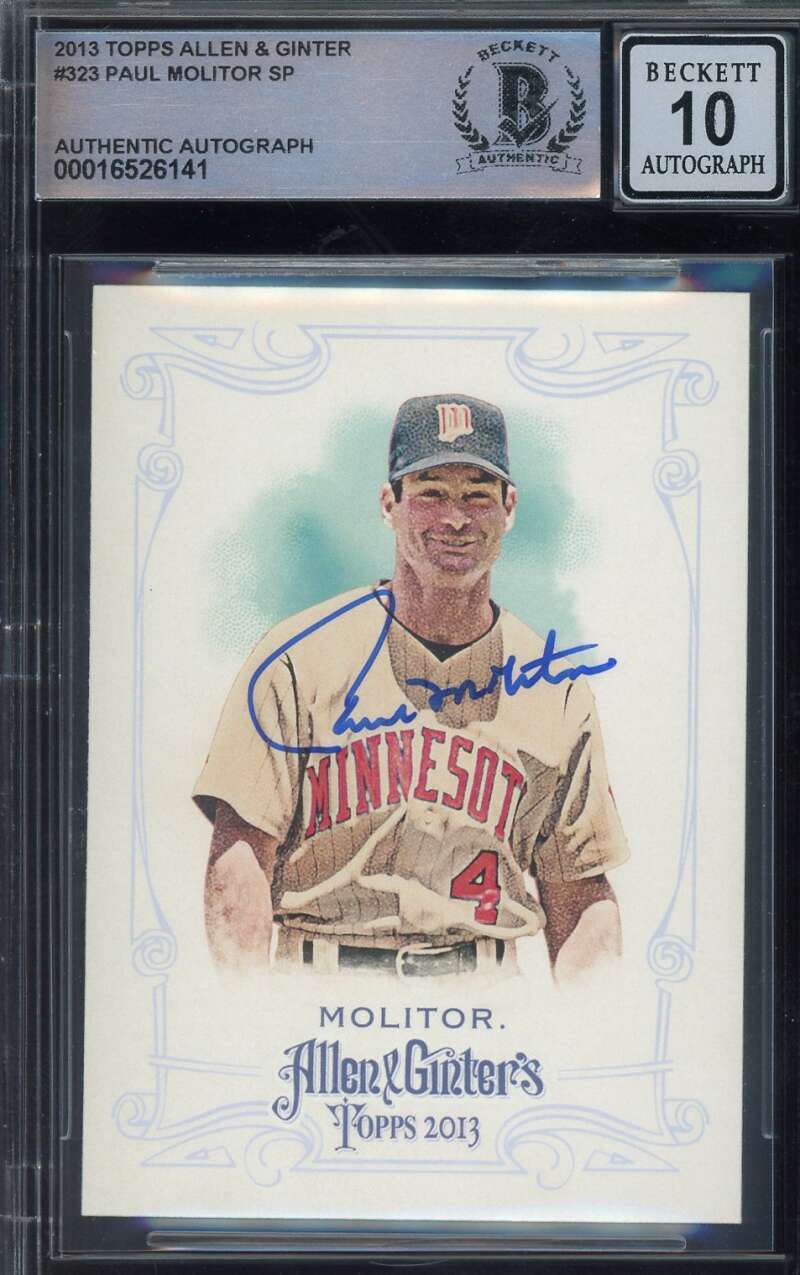 Paul Molitor Gem Mint 10 Beckett BAS Signed 2013 Topps Allen and Ginter Autograp
