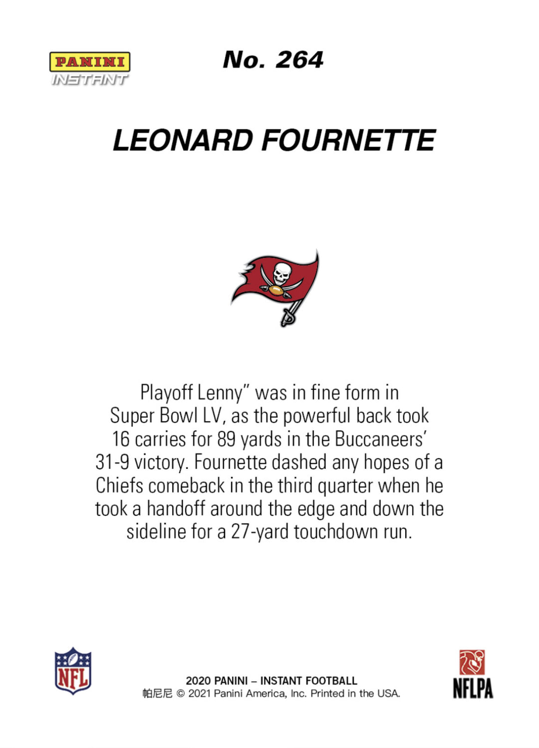 LEONARD FOURNETTE “SPRINTS FOR 27 YARD TD SUPER BOWL LV” PANINI INSTANT CARD 264