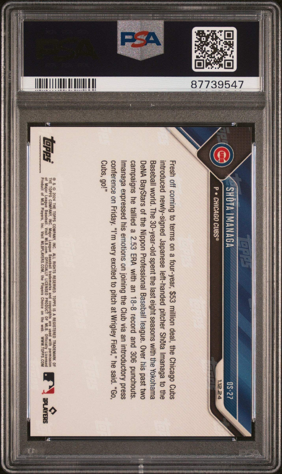 Graded 2023 Topps Now Shota Imanaga #OS27 Offseason Rookie Baseball Card PSA 10