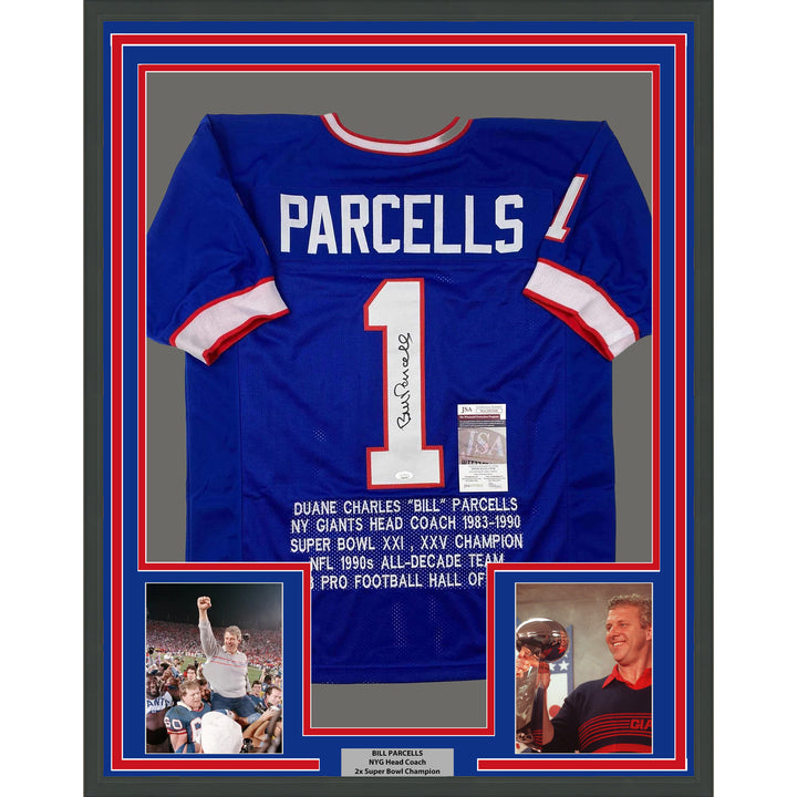 Framed Autographed/Signed Bill Parcells 35x39 New York Blue Stat Jersey JSA COA