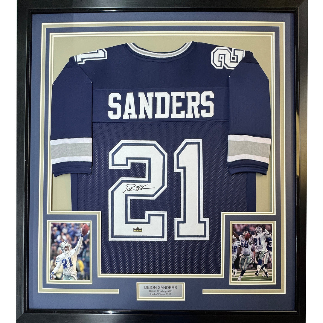 Framed Facsimile Autographed Deion Sanders 33x42 Blue Reprint Laser Auto Jersey