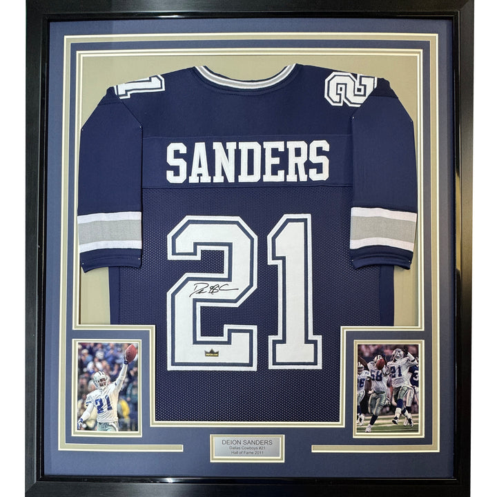 Framed Facsimile Autographed Deion Sanders 33x42 Blue Reprint Laser Auto Jersey