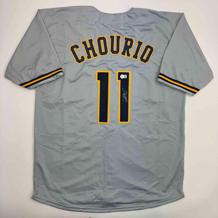 Autographed/Signed Jackson Chourio Milwaukee Grey Baseball Jersey Beckett COA