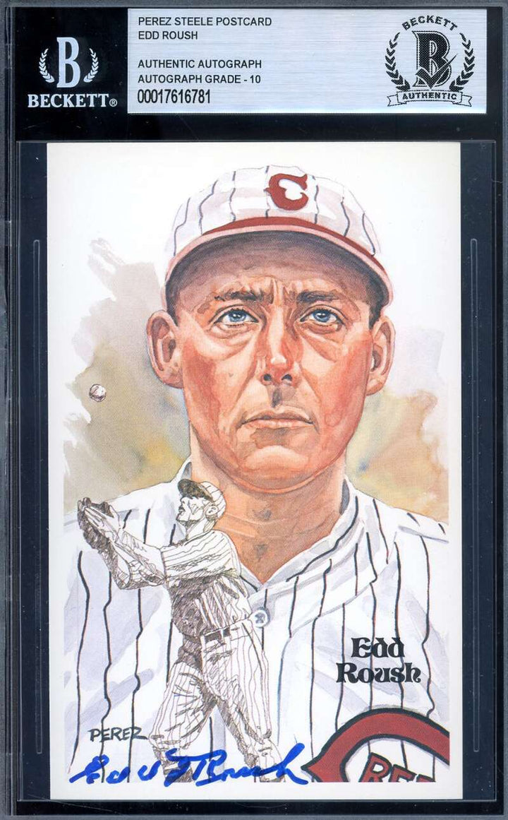Edd Roush Gem Mint 10 Beckett BAS Signed Perez Steele Postcard Autograph